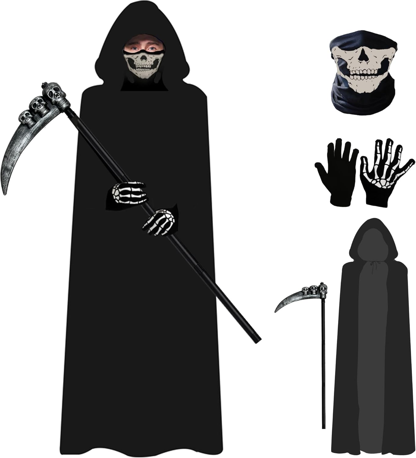 Grim Reaper Costume Set Adult Unisex Cape Scythe Mask Gloves