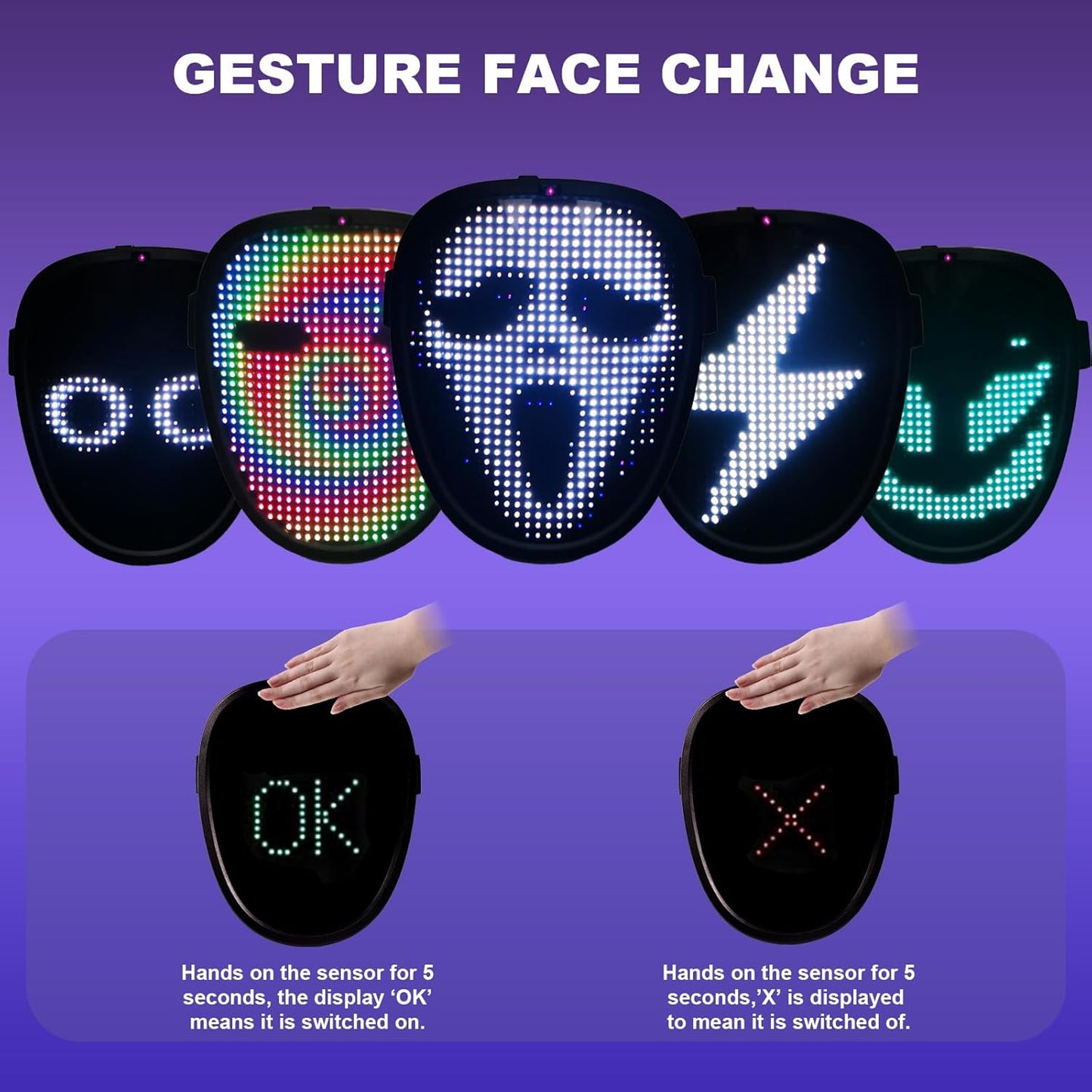 LED Light Up Mask with Gesture Sensing for Halloween Cosplay Party