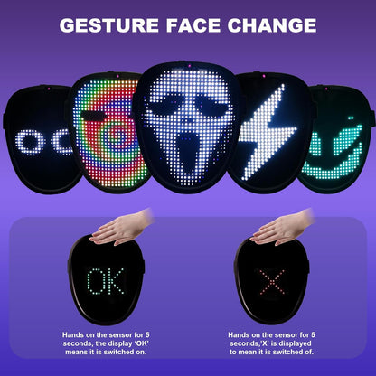 LED Light Up Mask with Gesture Sensing for Halloween Cosplay Party