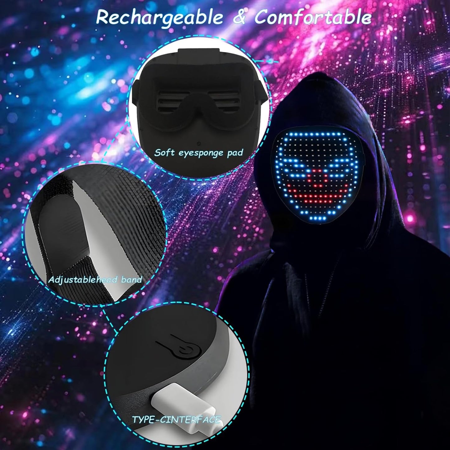 LED Light Up Mask with Gesture Sensing for Halloween Cosplay Party