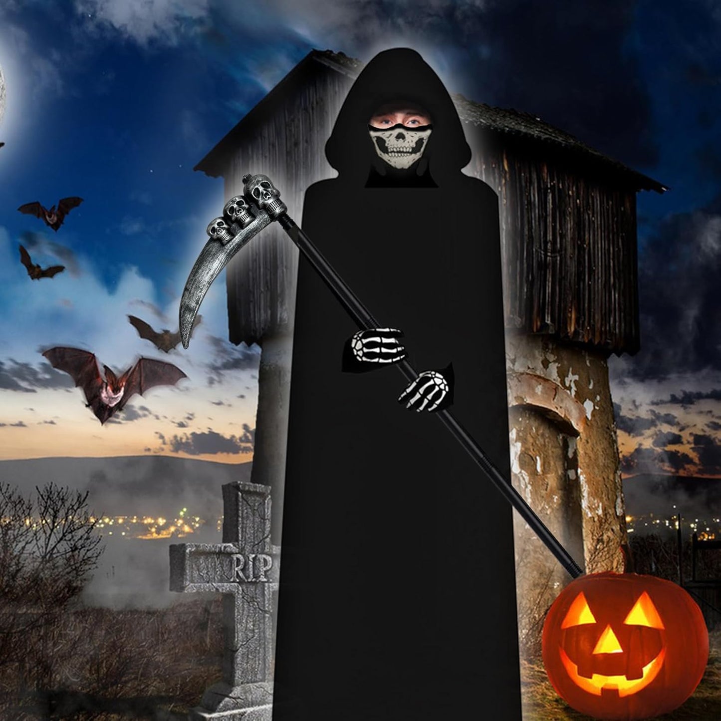Grim Reaper Costume Set Adult Unisex Cape Scythe Mask Gloves