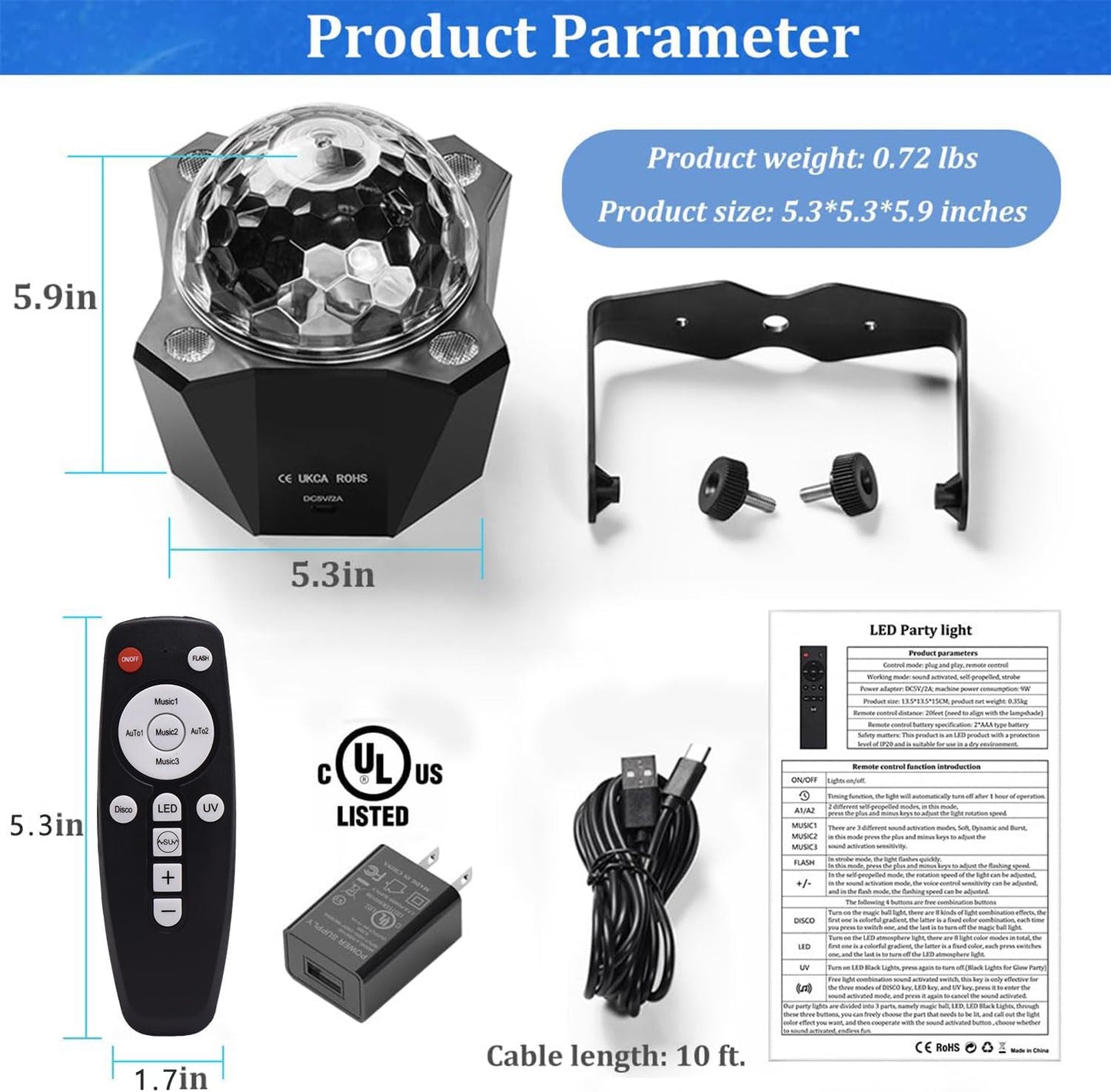 Disco Ball Light Sound Activated Stage Strobe Light for Parties