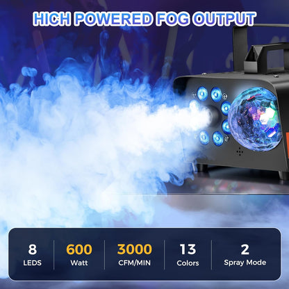 Fog Machine with LED Lights and Wireless Remote Control 600W 3000CFM