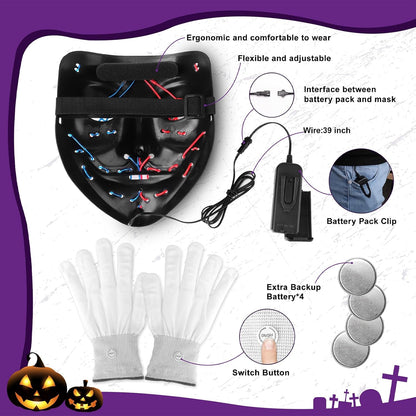 Halloween LED Glow Mask and Gloves Set