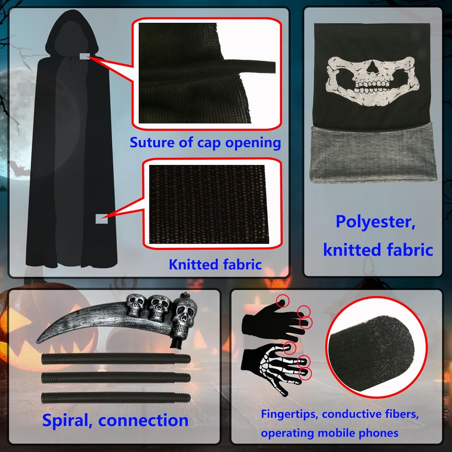 Grim Reaper Costume Set Adult Unisex Cape Scythe Mask Gloves
