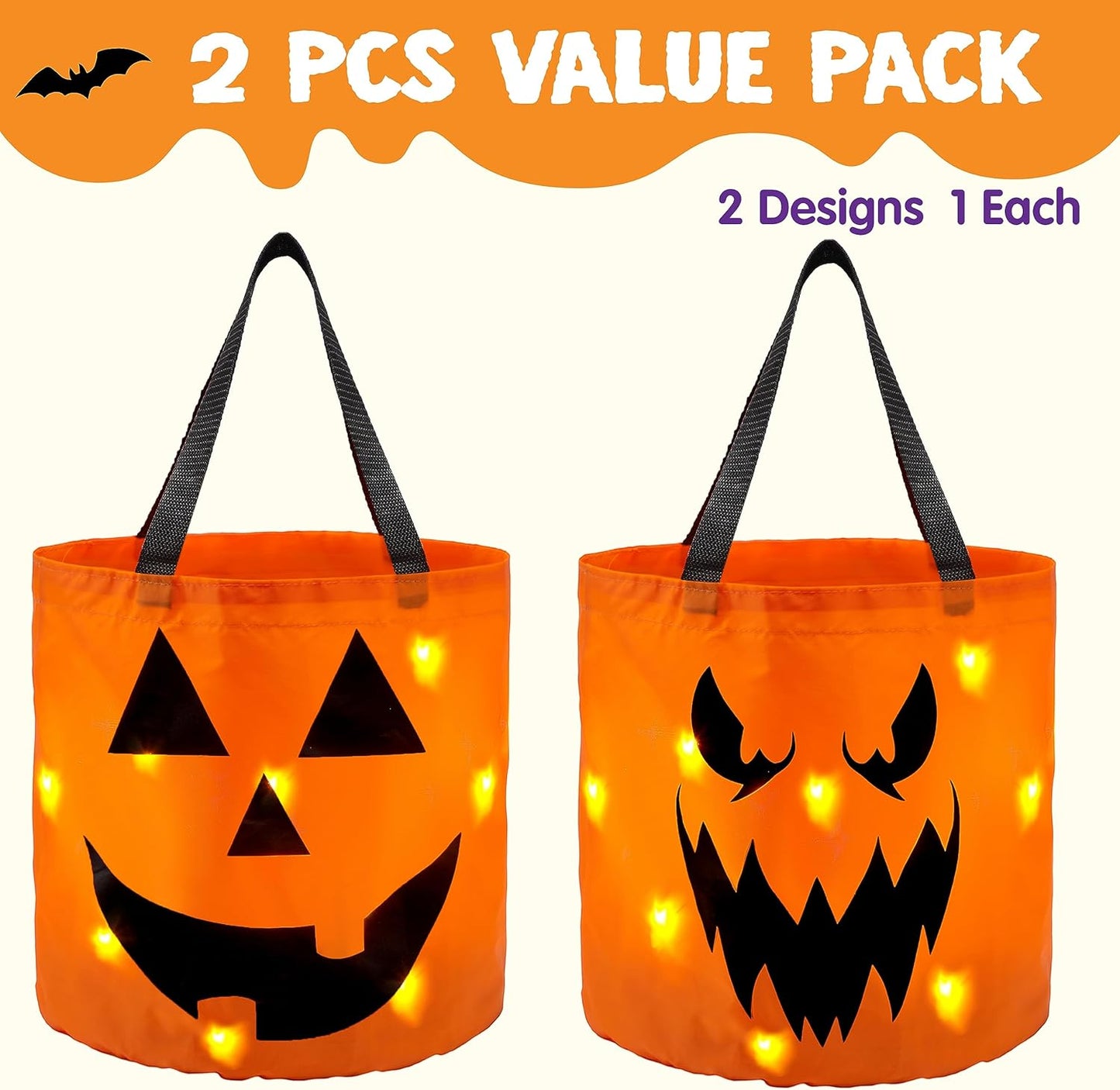 Halloween Trick or Treat Bags LED Light Reusable Buckets